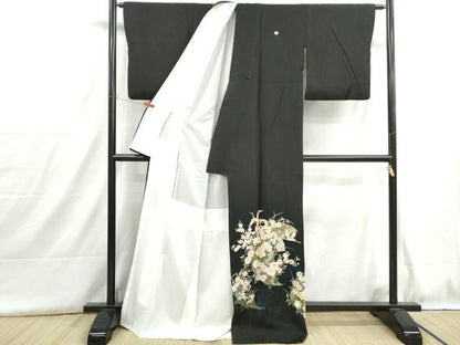 平和屋着物■豪華黒留袖　駒刺繍　扇面群鶴花文　牡丹　暈し染め　金彩　ロング丈　正絹　逸品　DABH8933qa