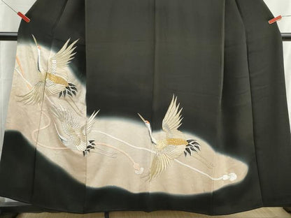 平和屋着物■豪華黒留袖　総刺繍　飛鶴文　江戸紐　暈し染め　金銀糸　正絹　逸品　DABH8937qa