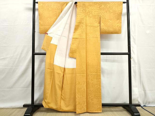 平和屋着物■上質な色無地　雲取り花地紋　柑子色　三越扱い　正絹　逸品　DABH8956qa