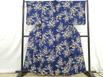 平和屋着物■上質な小紋　型染め　流水笹花文　鬼しぼ縮緬　正絹　逸品　DABH8970qa