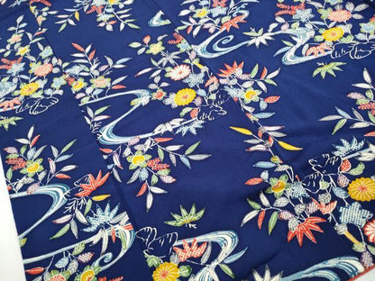 平和屋着物■上質な小紋　型染め　流水笹花文　鬼しぼ縮緬　正絹　逸品　DABH8970qa