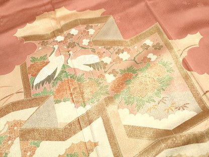 平和屋着物■豪華色留袖　駒刺繍　屏風鴛鴦花文　鶴　金彩　正絹　逸品　DABH8994qa