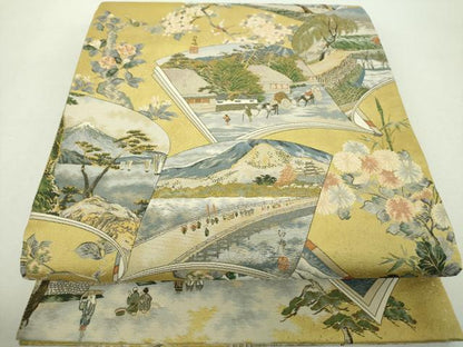 平和屋着物▼極上 西陣あさぎ 両面 全景全通柄袋帯 壱阡八百口織 美術街道五拾参次 司馬江漢 プラチナ本金箔 正絹 逸品 DABH9022ps