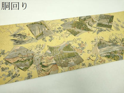 平和屋着物▼極上 西陣あさぎ 両面 全景全通柄袋帯 壱阡八百口織 美術街道五拾参次 司馬江漢 プラチナ本金箔 正絹 逸品 DABH9022ps