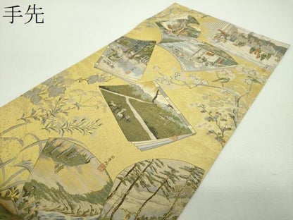 平和屋着物▼極上 西陣あさぎ 両面 全景全通柄袋帯 壱阡八百口織 美術街道五拾参次 司馬江漢 プラチナ本金箔 正絹 逸品 DABH9022ps