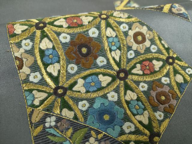 平和屋着物▼九寸名古屋帯　総刺繍　七宝花鳥文　金糸　やまと誂製　正絹　逸品　DABH9042ps