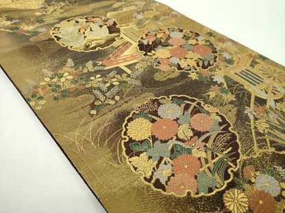 平和屋着物▼六通柄袋帯　彫金　雪輪草花図録　引箔　正絹　逸品　DABH9047ps