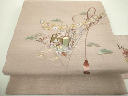 平和屋着物▼中国三大刺繍　スワトウ相良刺繍　汕頭相良刺繍　総刺繍　九寸名古屋帯　御所車花熨斗文　金糸　正絹　逸品　DABH9063ps