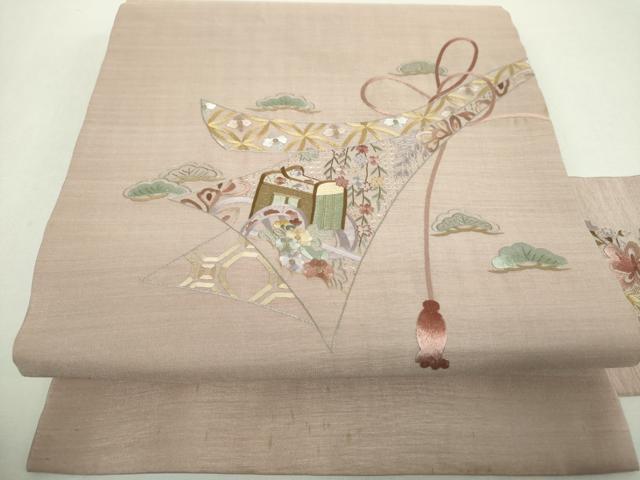 平和屋着物▼中国三大刺繍　スワトウ相良刺繍　汕頭相良刺繍　総刺繍　九寸名古屋帯　御所車花熨斗文　金糸　正絹　逸品　DABH9063ps