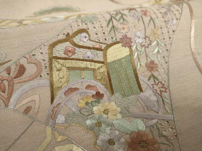 平和屋着物▼中国三大刺繍　スワトウ相良刺繍　汕頭相良刺繍　総刺繍　九寸名古屋帯　御所車花熨斗文　金糸　正絹　逸品　DABH9063ps