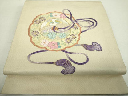 平和屋着物▼中国三大刺繍　相良刺繍　総刺繍　九寸開き名古屋帯　鏡裏花鳥文　金糸　正絹　逸品　DABH9070ps