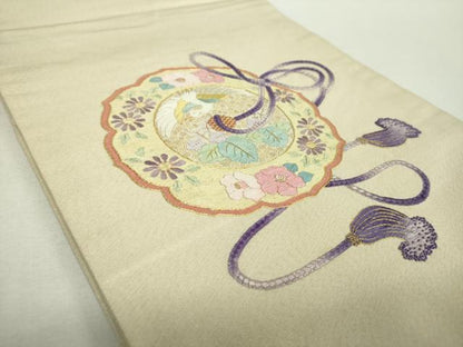 平和屋着物▼中国三大刺繍　相良刺繍　総刺繍　九寸開き名古屋帯　鏡裏花鳥文　金糸　正絹　逸品　DABH9070ps