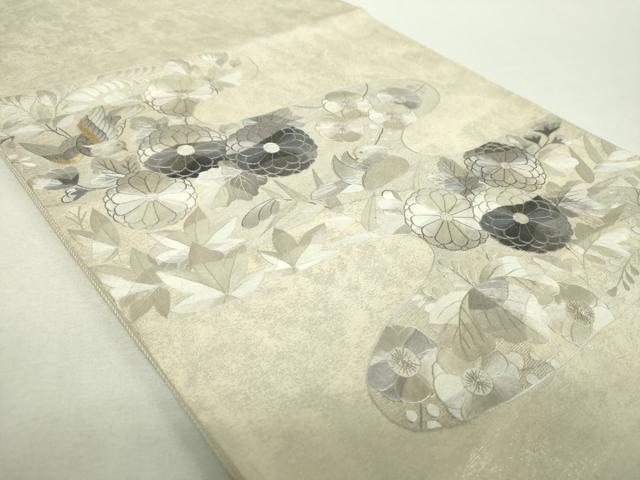 平和屋着物▼太鼓柄袋帯　総刺繍　霞花鳥文　金銀糸　引箔　正絹　逸品　DABH9071ps