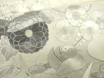 平和屋着物▼太鼓柄袋帯　総刺繍　霞花鳥文　金銀糸　引箔　正絹　逸品　DABH9071ps