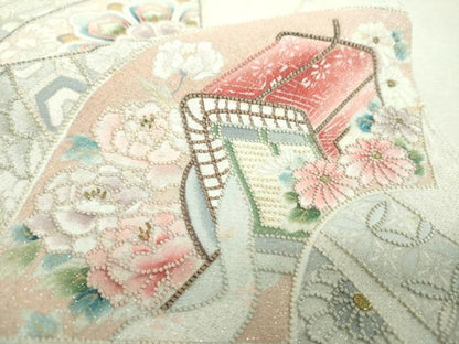 平和屋着物▼中国三大刺繍　相良刺繍　綴れ　太鼓柄袋帯　地紙御所車花鳥文　金銀糸　正絹　逸品　DABH9074ps