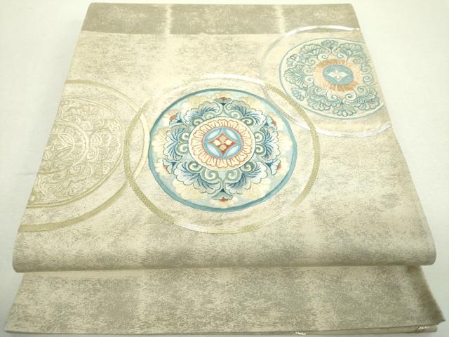 平和屋着物▼太鼓柄袋帯　駒刺繍　総刺繍　花丸文　金銀糸　正絹　逸品　未使用　DABH9075ps