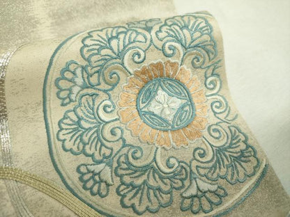 平和屋着物▼太鼓柄袋帯　駒刺繍　総刺繍　花丸文　金銀糸　正絹　逸品　未使用　DABH9075ps