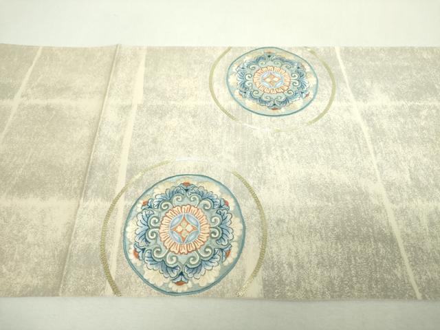平和屋着物▼太鼓柄袋帯　駒刺繍　総刺繍　花丸文　金銀糸　正絹　逸品　未使用　DABH9075ps