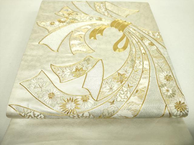 平和屋着物▽太鼓柄袋帯 駒刺繍 総刺繍 束ね熨斗花文 金