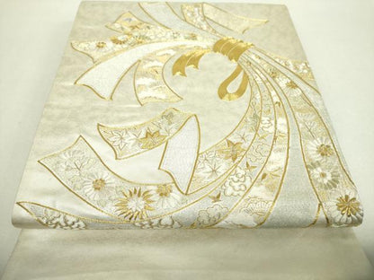 平和屋着物▼太鼓柄袋帯　駒刺繍　総刺繍　束ね熨斗花文　金銀糸　引箔　正絹　逸品　DABH9076ps
