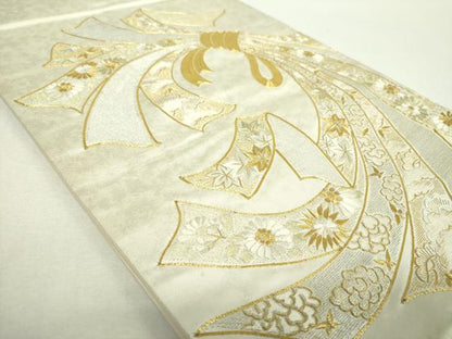 平和屋着物▼太鼓柄袋帯　駒刺繍　総刺繍　束ね熨斗花文　金銀糸　引箔　正絹　逸品　DABH9076ps