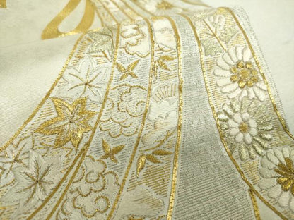 平和屋着物▼太鼓柄袋帯　駒刺繍　総刺繍　束ね熨斗花文　金銀糸　引箔　正絹　逸品　DABH9076ps
