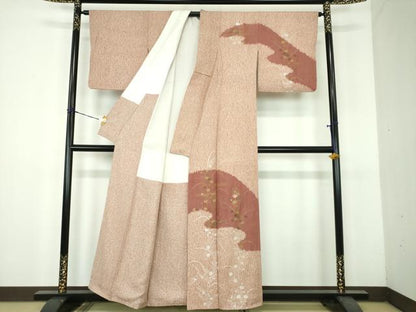 平和屋着物●訪問着　杢目絞り　刺繍　草花文　金彩　正絹　逸品　DABH9083ps