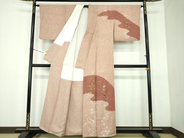 平和屋着物●訪問着　杢目絞り　刺繍　草花文　金彩　正絹　逸品　DABH9083ps