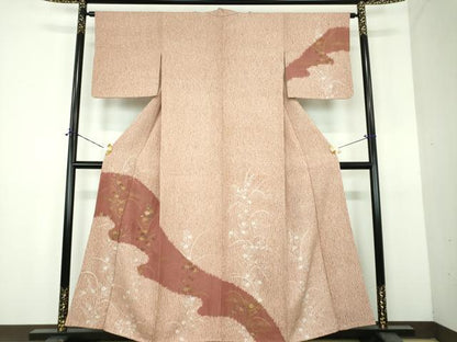 平和屋着物●訪問着　杢目絞り　刺繍　草花文　金彩　正絹　逸品　DABH9083ps