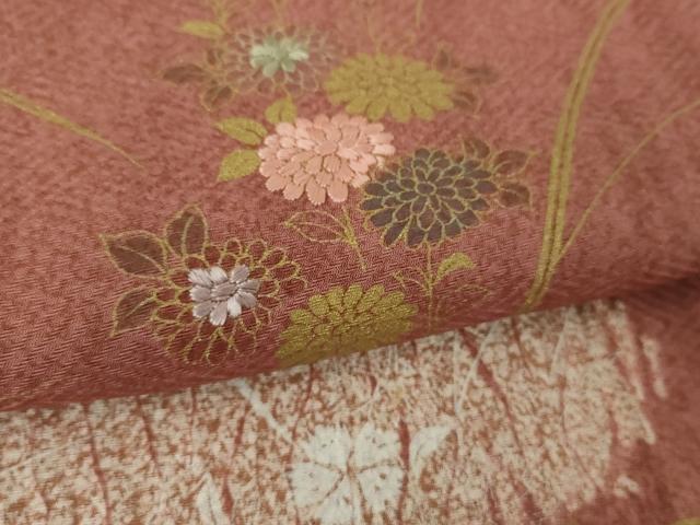 平和屋着物●訪問着　杢目絞り　刺繍　草花文　金彩　正絹　逸品　DABH9083ps