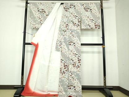 平和屋着物●上質な小紋　型染　舞蝶扇面花文　ロング丈　正絹　逸品　DABH9089ps