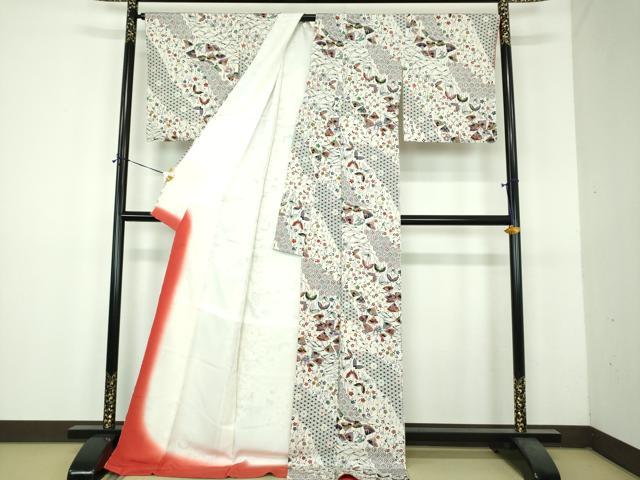 平和屋着物●上質な小紋　型染　舞蝶扇面花文　ロング丈　正絹　逸品　DABH9089ps