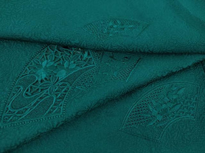 平和屋着物●中国三大刺繍　スワトウ刺繍　汕頭刺繍　色留訪問着　地紙花文　青碧色　正絹　逸品　DABH9095ps