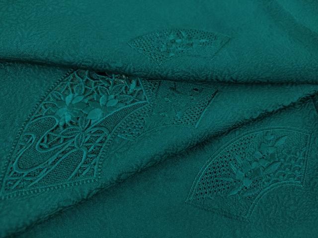 平和屋着物●中国三大刺繍　スワトウ刺繍　汕頭刺繍　色留訪問着　地紙花文　青碧色　正絹　逸品　DABH9095ps