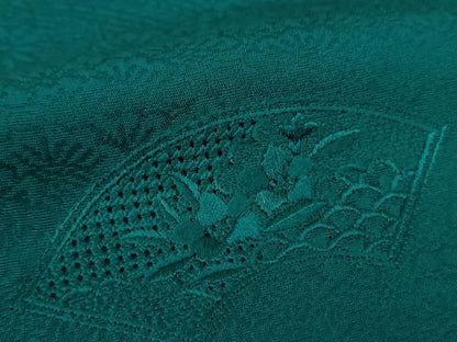 平和屋着物●中国三大刺繍　スワトウ刺繍　汕頭刺繍　色留訪問着　地紙花文　青碧色　正絹　逸品　DABH9095ps