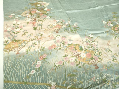 平和屋着物●訪問着　扇面舞蝶花文　暈し染め　金彩　正絹　逸品　DABH9097ps