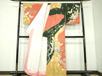 平和屋着物●訪問着　絞り　枝垂れ桜　短冊舞蝶花文　金銀彩　正絹　逸品　DABH9103ps