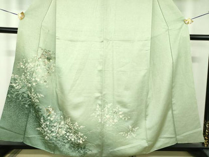 平和屋着物●訪問着　刺繍　草花文　シルエット　暈し染め　金糸　正絹　逸品　DABH9113ps