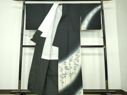 平和屋着物●訪問着　紬地　手描き　笹竹文　黒地　正絹　逸品　DABH9114ps