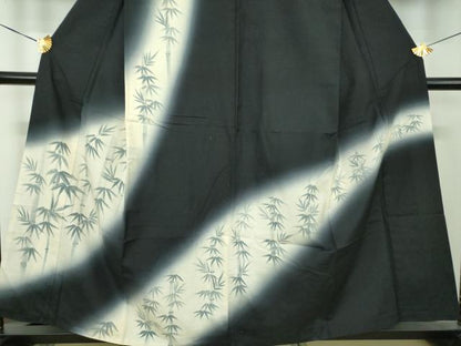 平和屋着物●訪問着　紬地　手描き　笹竹文　黒地　正絹　逸品　DABH9114ps