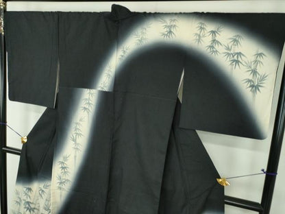 平和屋着物●訪問着　紬地　手描き　笹竹文　黒地　正絹　逸品　DABH9114ps