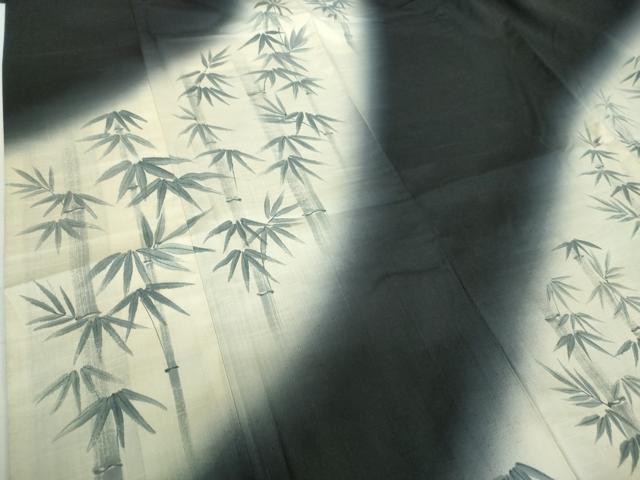 平和屋着物●訪問着　紬地　手描き　笹竹文　黒地　正絹　逸品　DABH9114ps