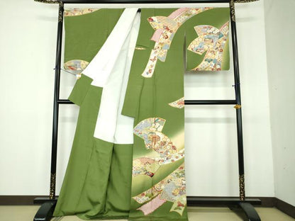 平和屋着物●訪問着　駒刺繍　地紙貝桶花熨斗文　舞蝶飛鶴宝尽くし　暈し染め　金彩　正絹　逸品　DABH9119ps