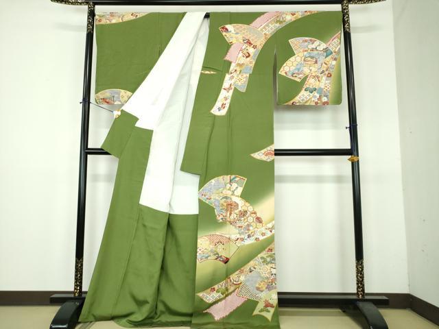 平和屋着物●訪問着　駒刺繍　地紙貝桶花熨斗文　舞蝶飛鶴宝尽くし　暈し染め　金彩　正絹　逸品　DABH9119ps