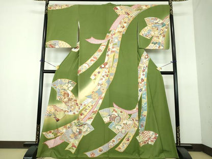 平和屋着物●訪問着　駒刺繍　地紙貝桶花熨斗文　舞蝶飛鶴宝尽くし　暈し染め　金彩　正絹　逸品　DABH9119ps