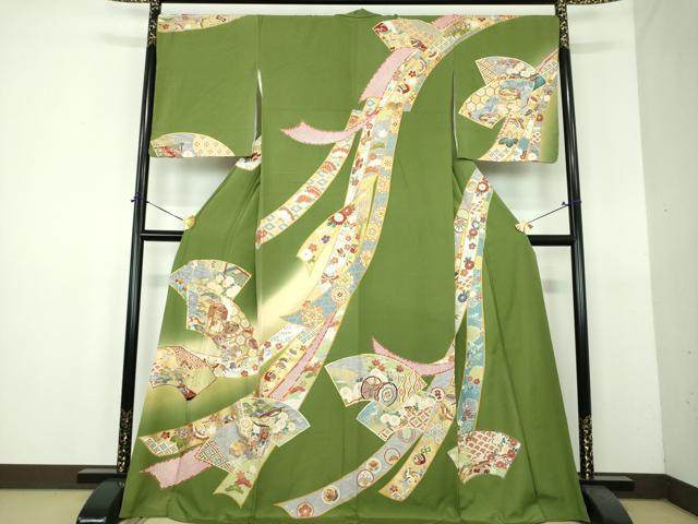 平和屋着物●訪問着　駒刺繍　地紙貝桶花熨斗文　舞蝶飛鶴宝尽くし　暈し染め　金彩　正絹　逸品　DABH9119ps