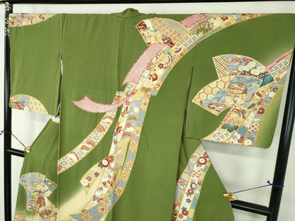 平和屋着物●訪問着　駒刺繍　地紙貝桶花熨斗文　舞蝶飛鶴宝尽くし　暈し染め　金彩　正絹　逸品　DABH9119ps