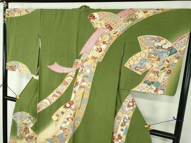 平和屋着物●訪問着　駒刺繍　地紙貝桶花熨斗文　舞蝶飛鶴宝尽くし　暈し染め　金彩　正絹　逸品　DABH9119ps