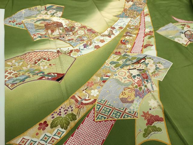 平和屋着物●訪問着　駒刺繍　地紙貝桶花熨斗文　舞蝶飛鶴宝尽くし　暈し染め　金彩　正絹　逸品　DABH9119ps