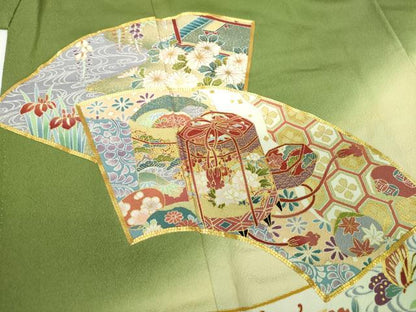 平和屋着物●訪問着　駒刺繍　地紙貝桶花熨斗文　舞蝶飛鶴宝尽くし　暈し染め　金彩　正絹　逸品　DABH9119ps
